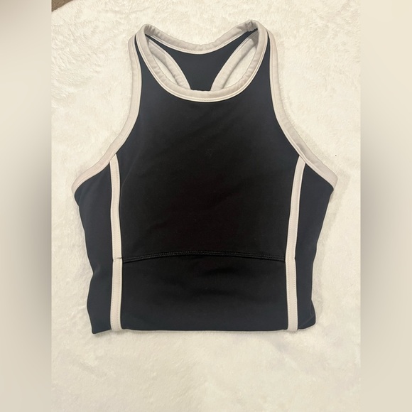 Tops - Sporty Black & White High-Neck Cropped Tank Top with Built-in Shelf Bra